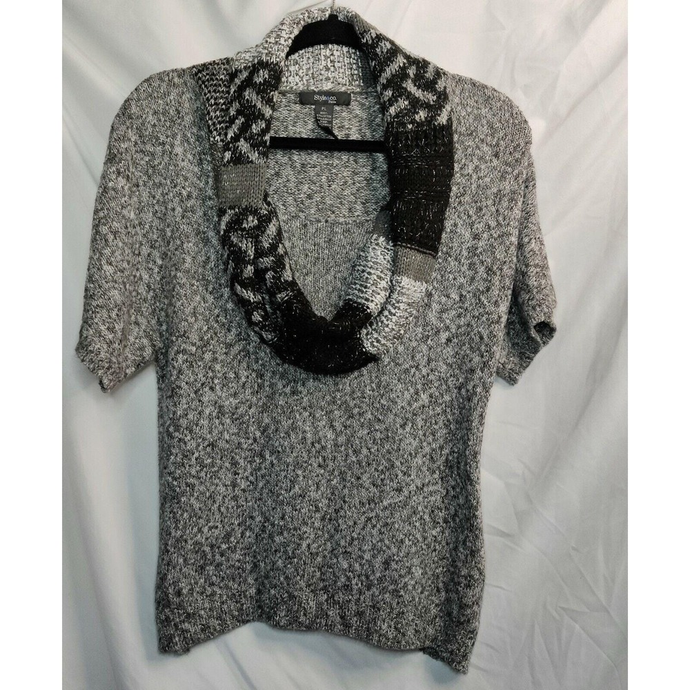 Style & Co Women Cowl Neck Waffle Pullover Sweater Petite Gray Size PM